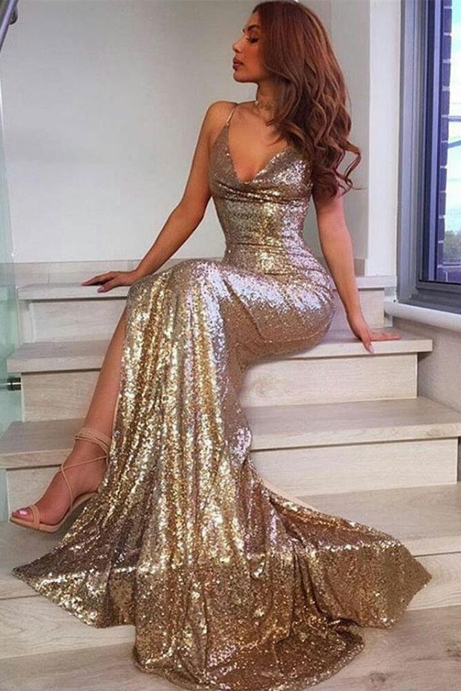 v neck sequin dress V-Neck Sequins Prom Party Gowns| Mermaid Evening Dress With Slit