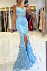 V-neck Sky Blue High Split Special Lace Design Evening Dress-Ballbella