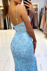 V-neck Sky Blue High Split Special Lace Design Evening Dress-Ballbella