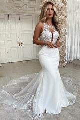 V-Neck Sleeveless Appliques Lace Mermaid Long Wedding Dresses-Ballbella