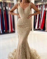 V-Neck Sleeveless Mermaid Evening Dress With Gold Appliques-Ballbella