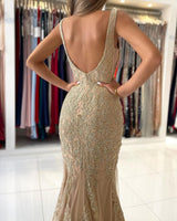 V-Neck Sleeveless Mermaid Evening Dress With Gold Appliques-Ballbella