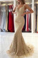 V-Neck Sleeveless Mermaid Evening Dress With Gold Appliques-Ballbella