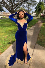 Velvet Long Sleeves Mermaid Front Split Gold Apliques Prom Party Gowns Royal Blue-Ballbella