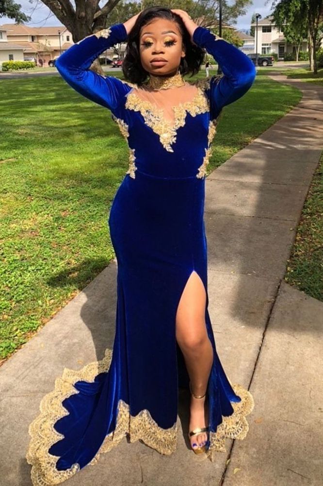 Velvet Long Sleeves Mermaid Front Split Gold Apliques Prom Party Gowns Royal Blue Velvet Long Sleeves Mermaid Front Split Gold Apliques Prom Party Gowns Royal Blue