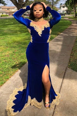 Velvet Long Sleeves Mermaid Front Split Gold Apliques Prom Party Gowns Royal Blue-Ballbella