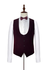 Velvet Shawl Collar White Wedding Tuxedos Three Piece Wedding Suits with Burgundy Vest-Ballbella