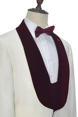 Velvet Shawl Collar White Wedding Tuxedos Three Piece Wedding Suits with Burgundy Vest-Ballbella