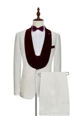 Velvet Shawl Collar White Wedding Tuxedos Three Piece Wedding Suits with Burgundy Vest-Ballbella