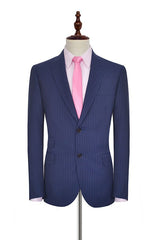 Vertical Stripes Peak Lapel Mens Suits for Business Two Buttons Navy Blue Suits for Men-Ballbella