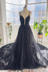 Vintage Black Spaghetti-Straps Sleeveless Long Lace Sequined Wedding Dresses Online-Ballbella