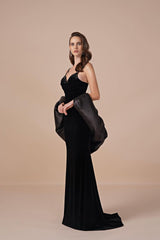 Vintage Black V-Neck Spaghetti-Straps Sleeveless Velvet Prom Dresses Mermaid With Beads Zipper-Ballbella