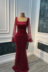 Vintage Burgundy Square Long Sleeves Sequins Prom Dresses Mermaid Sheath Online-Ballbella