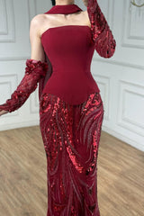 Vintage Burgundy Strapless Mermaid Prom Dresses Two-Pieces Beads With Detachable Sleeves-Ballbella