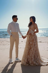 Vintage Long Sleeve Lace Wedding Dress Mermaid Tulle Bridal Gowns-Ballbella