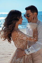 Vintage Long Sleeve Lace Wedding Dress Mermaid Tulle Bridal Gowns-Ballbella