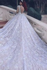 Vintage Luxurious Muslim Crystal Beading Cathedral Train Sheer Lace Wedding Dress-Ballbella