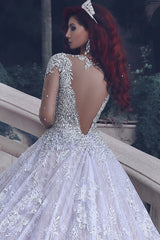 Vintage Luxurious Muslim Crystal Beading Cathedral Train Sheer Lace Wedding Dress-Ballbella