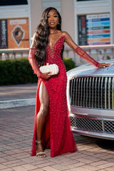Vintage Red V-Neck Strapless Mermaid Prom Dresses Detachable Sleeves Pearls With Side Split-Ballbella
