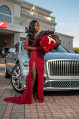 Vintage Red V-Neck Strapless Mermaid Prom Dresses Detachable Sleeves Pearls With Side Split-Ballbella
