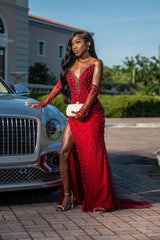 Vintage Red V-Neck Strapless Mermaid Prom Dresses Detachable Sleeves Pearls With Side Split-Ballbella