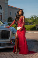 Vintage Red V-Neck Strapless Mermaid Prom Dresses Detachable Sleeves Pearls With Side Split-Ballbella
