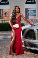 Vintage Red V-Neck Strapless Mermaid Prom Dresses Detachable Sleeves Pearls With Side Split-Ballbella