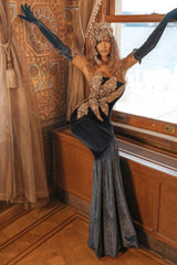 Vintage Strapless 3D Crystal Pattern Velvet Mermaid Wedding Party Gown-Ballbella