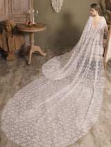 Water Waterfall One-Tier Flowers Tulle Wedding Veils-Ballbella