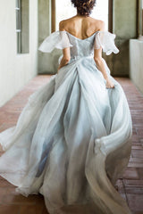 Wedding Dress A-line Off The Shoulder Sleeveless Pleated Court Train Chiffon Boho Bridal Gowns-Ballbella