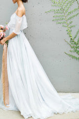 Wedding Dress A-line Off The Shoulder Sleeveless Pleated Court Train Chiffon Boho Bridal Gowns-Ballbella