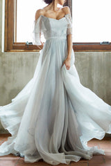 Wedding Dress A-line Off The Shoulder Sleeveless Pleated Court Train Chiffon Boho Bridal Gowns-Ballbella