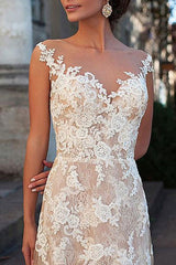 Wedding Dress Column Chic V-Neck Sleeveless Long Lace Tulle Sexy Backless Bridal Gown With Train-Ballbella