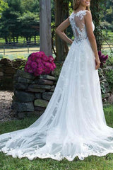 Wedding Dress Lace Chic V-Neck Sleeveless Column Long Bridal Gown With Court Train-Ballbella