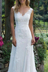 Wedding Dress Lace Chic V-Neck Sleeveless Column Long Bridal Gown With Court Train-Ballbella