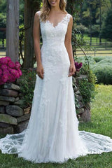 Wedding Dress Lace Chic V-Neck Sleeveless Column Long Bridal Gown With Court Train-Ballbella