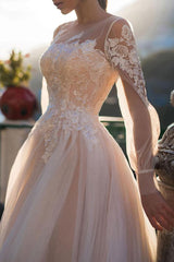 Wedding Dresses A-line Illusion Neck Long Sleeve Long Tulle Pleated Bridal Dress With Train-Ballbella