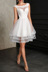 Wedding Dresses A-line Jewel Neck Sleeveless Tulle Short Bridal Dress-Ballbella