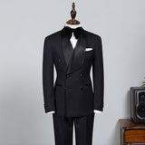 Well-cut All Black Double Breasted Bespoke Wedding Suit For Grooms-Ballbella
