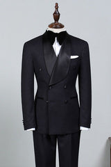 Well-cut All Black Double Breasted Bespoke Wedding Suit For Grooms-Ballbella