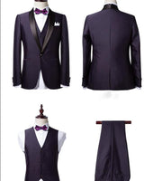 Well-cut Dark Purple Shawl Lapel Black Wedding Tuxedo Bespoke Prom Dress Suit Three-pieces-Ballbella