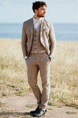 Well-cut Khaki Linen Summer Beach Mens Suits Groom Wedding Tuxedos with Three-pieces-Ballbella