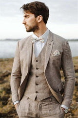 Well-cut Khaki Linen Summer Beach Mens Suits Groom Wedding Tuxedos with Three-pieces-Ballbella