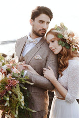 Well-cut Khaki Linen Summer Beach Mens Suits Groom Wedding Tuxedos with Three-pieces-Ballbella