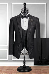 Well-cut Notch Lapel Black Groom Suit Slim Fit Jacquard Wedding Tuxedo-Ballbella