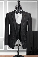 Well-cut Notch Lapel Black Groom Suit Slim Fit Jacquard Wedding Tuxedo-Ballbella