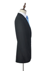 Well-cut Peak Lapel Plaid Two Button Black Mens Suits for Business-Ballbella