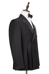 Well-cut Satin Peak Lapel Double Breasted Black Men Wedding Suit Groom Tuxedos-Ballbella