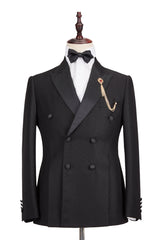 Well-cut Satin Peak Lapel Double Breasted Black Men Wedding Suit Groom Tuxedos-Ballbella