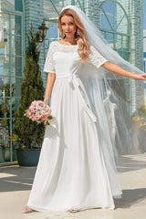 White Casual Wedding Dress Chiffon Jewel Neck Short Sleeves Sash A-Line Long Bridal Gowns-Ballbella